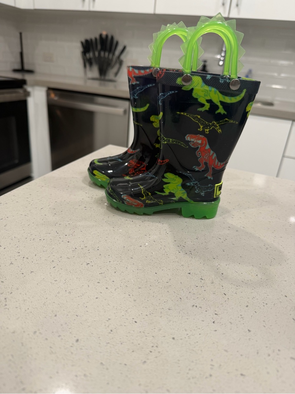 Kids Green and Black Dinosaur Rain Boots with Pull Handles